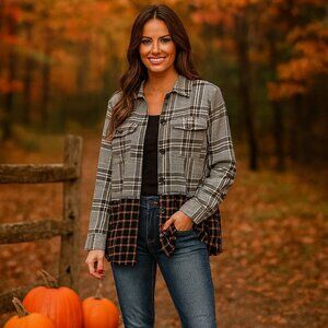Brown Plaid Shirt Jacket Shacket Fringed Frayed Hem Detail Layering Fall NEW